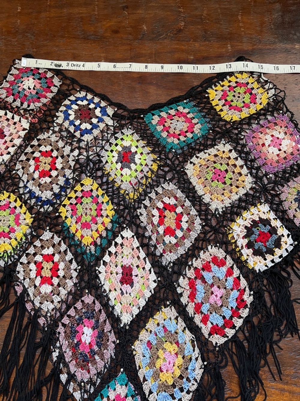 Handmade Crotchet Poncho Shawl Granny Square Fringe Multicolor/Black Beaded OS - Picture 8 of 12